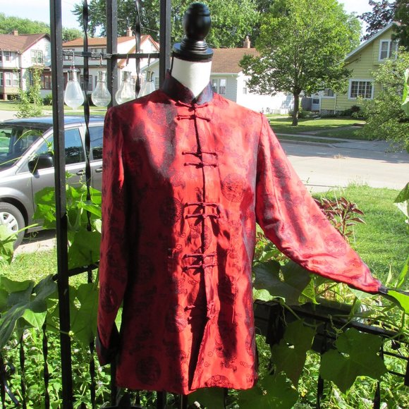 Red and Black Mandarin Style Shirt with Dragons - Picture 1 of 7